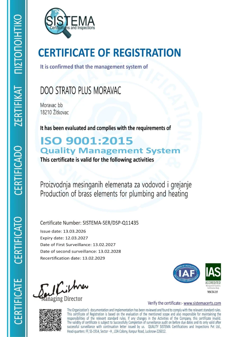 ISO 9001:2015 sertifikat - DOO Strato Plus Moravac